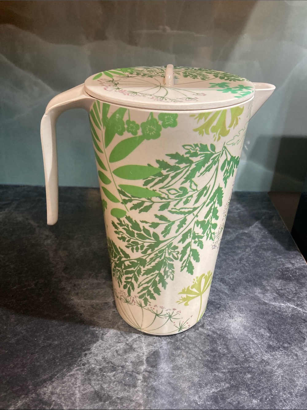 Bamboo Pitcher with Green Botanical Print and Lid